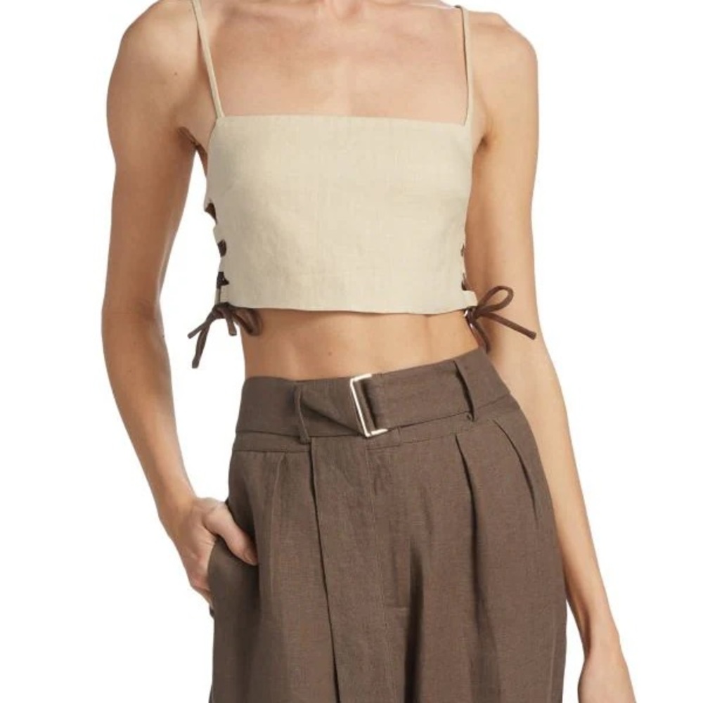 HEVRON Luisa Crop Linen Tan Tank with Side Ties